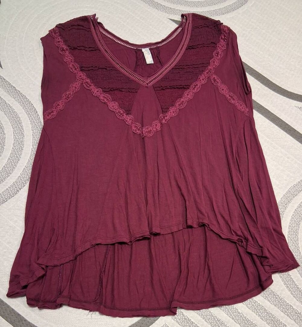 Free People womens large burgundy top boho stretch blouse loose fit
